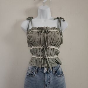 Thirty Thirty Tie-Front Smocked Corset Camisole Color: Sage Green (Size S)